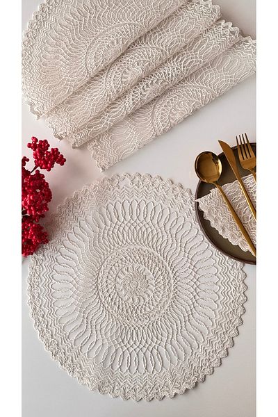 EVYA Dowry French Lace Cord Embroidered 6-Piece 40 cm Round Plate & American Service Set Ecru Color