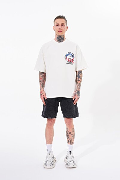 Machinist Men's Just Wait Printed Oversize Ecru T-Shirt