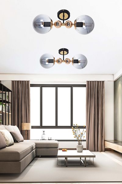 MŞ Aydınlatma Misket Black Gold 2 Smoked Glass Plafonier Chandelier
