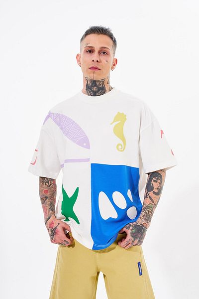 Machinist Ανδρικό μπλουζάκι 87 Sea Shells Printed Oversize Ecru Soft Blue T-shirt