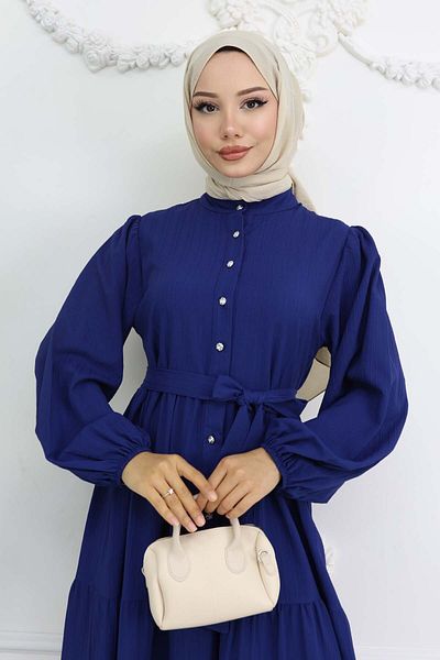 giyze Φόρεμα Hijab με πέτρινο γιακά με κουμπιά Navy Blue 2268