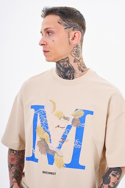 Machinist Ανδρικό μπλουζάκι Oversize ανοιχτό μπεζ - Crane Bird Printed