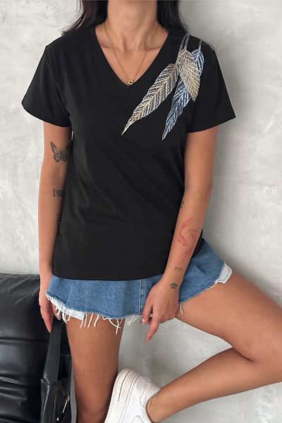 FEMELLE Tricou de damă, negru, cu decolteu în V, pe umăr, cu paiete, brodat 100% bumbac
