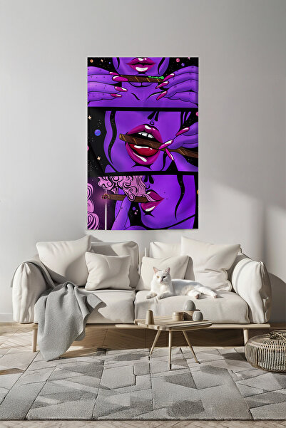 Nivendi Mor Temalı Kadın Ve Duman Kumaş Duvar Örtüsü Ev Dekorasyon Duvar Halı...