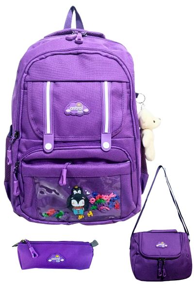Glanart Geantă pentru școală primară cu căptușeală completă cu 5 ochi + nutriție termos + set de 3 suporturi pentru stilouri violet