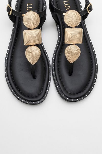 LuviShoes Sandale de damă HELEN din piele naturală neagră cu cataramă aurie