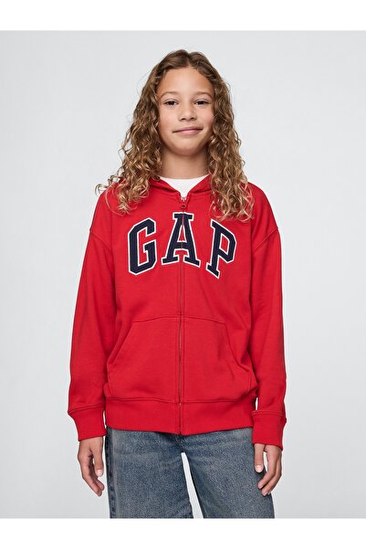 GAP Erkek Çocuk Kırmızı Gap Logo Relaxed Fermuarlı Sweatshirt