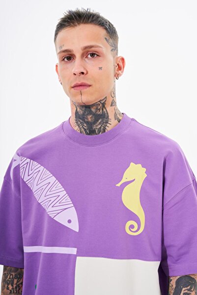 Machinist Ανδρικό μπλουζάκι 87 Sea Shells Printed Oversize Purple Grey T-shirt