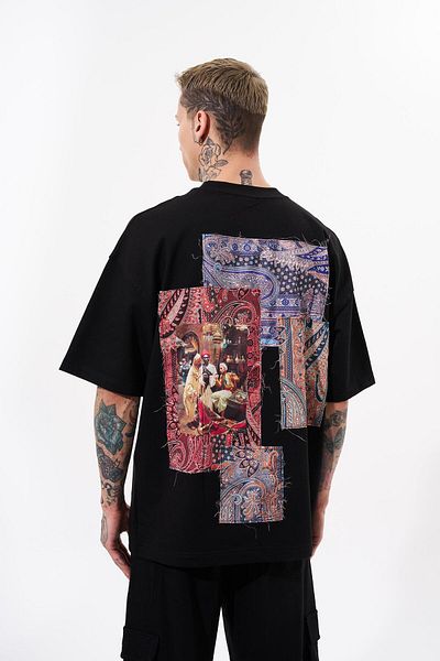 Machinist Pánské oversize černé tričko Patchwork