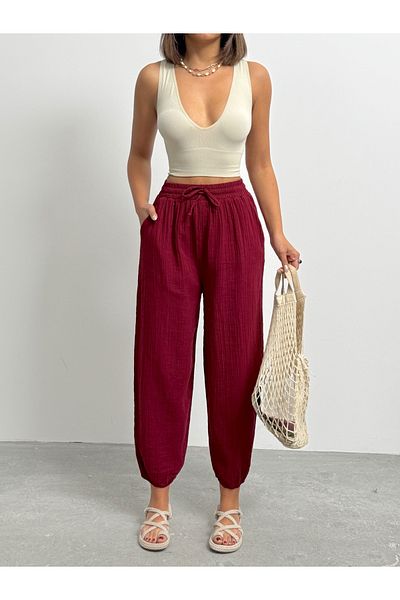 BEJNA Burgunderrote Ballonhose aus strukturiertem Leinen mit Taschen für Damen