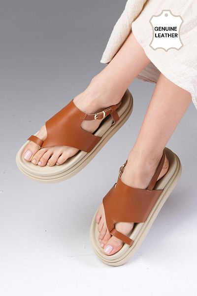 Mio Gusto Lora Genuine Leather Tan Color Flip Flops Women's Sandals