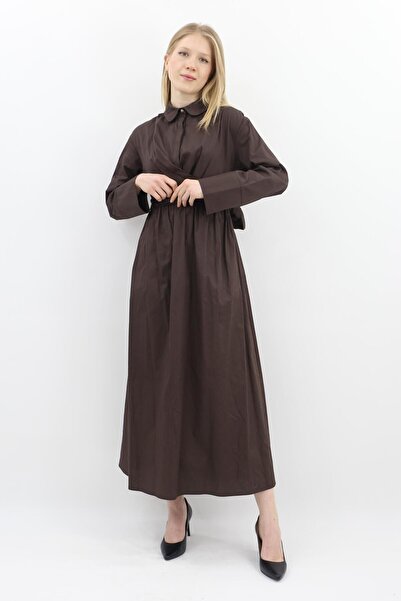 Armine Ön Detaylı Belden Büzgülü Kumaş Elbise - Koyu Mor