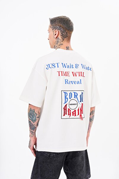 Machinist Men's Just Wait Printed Oversize Ecru T-Shirt