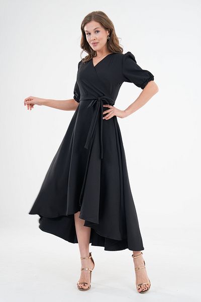 vuvutasarım Women's Flexible Atlas Fabric Sash Detailed Asymmetrical Cut Double Breasted Collar Black Evening Dress 410