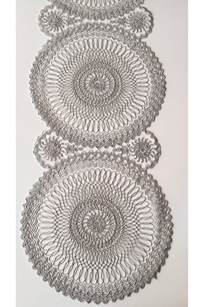 EVYA Luxury French Lace Hand Embroidered Dowry Cord Embroidered Runner 40X110 cm Gray Color