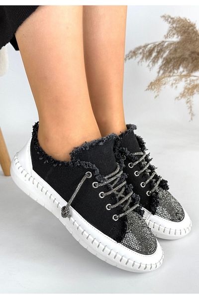 Butik Women's Black Denim Lace-Up Sports Shoes