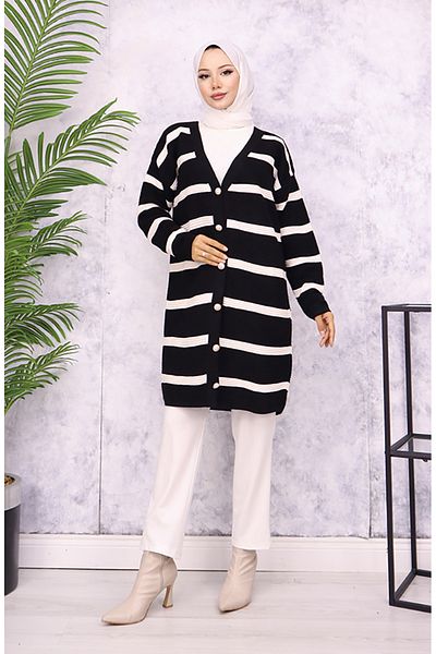sefamerve Ribbed Striped Knitwear Cardigan 3090-03 Black