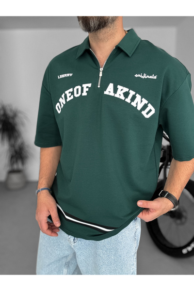 BYBASICMAN Koyu Yeşil 888 Baskılı Yarım Fermuarlı T-Shirt LB-2013