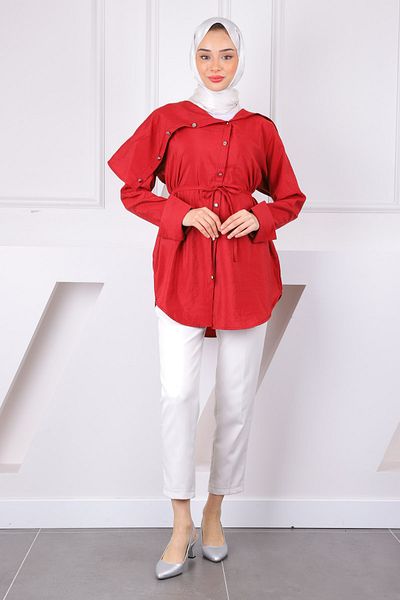 İmajButik Burgundy Collar Detailed Modal Tunic