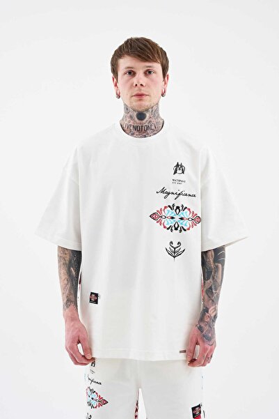 Machinist Men's Ethnical Printed and Embroidered T-Shirt Ecru