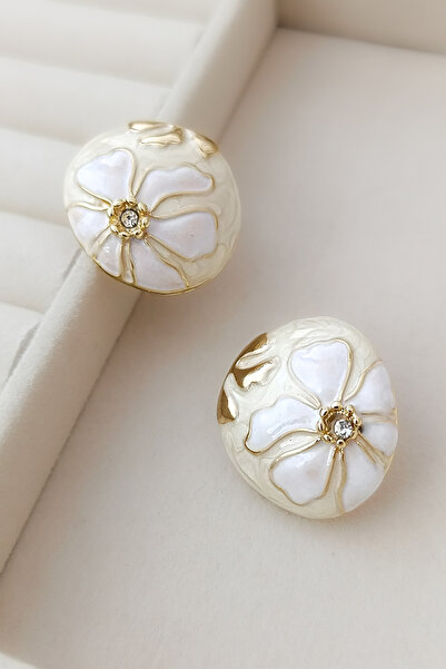 COSİTA Gold Beyaz Çiçek Motifli Luxury Mine Dolgu Renkli Tasarım Küpe