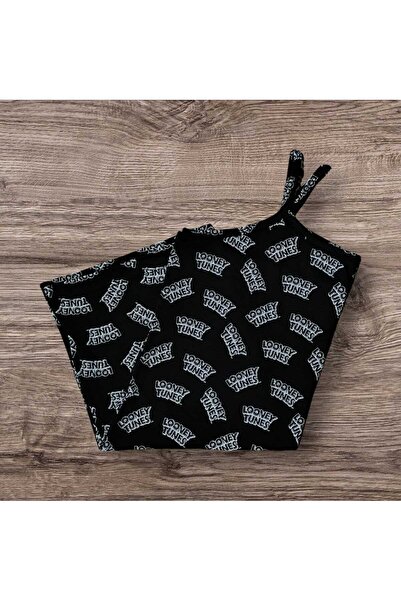 ESTA STORE siyah yazı desenli ip askılı atlet