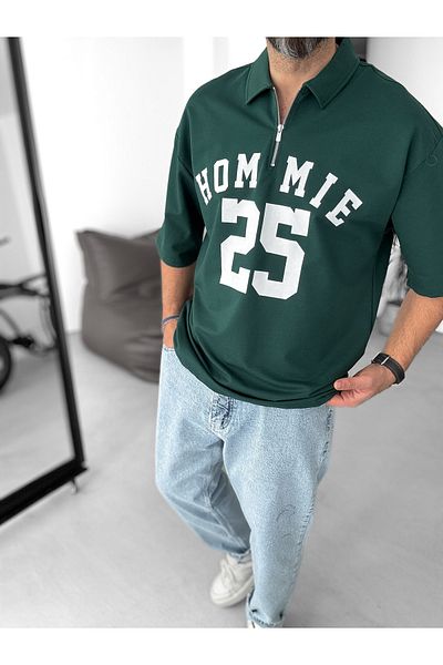 BYBASICMAN Dark Green 25 Printed Half Zipper T-Shirt Lb-2009