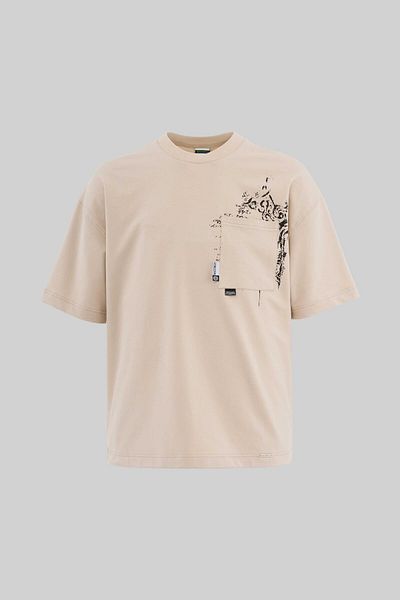 Machinist Men's Label and Print Pocket Oversize Soft Beige T-Shirt