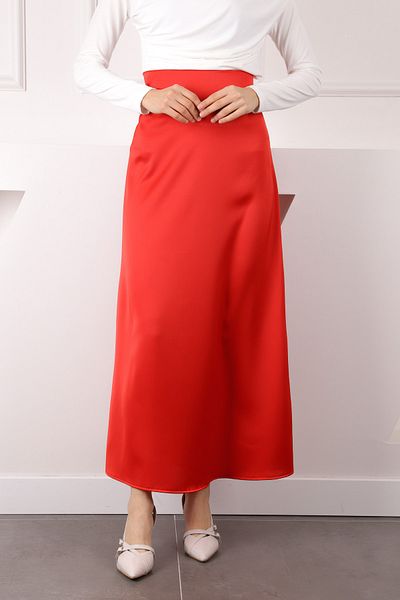 İmajButik Red Side Zipper Satin Flared Skirt