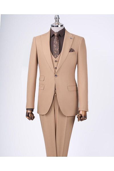 TerziAdemAltun Camel Italian Style Slim Fit Jacket Vest and Pants Set - T11487