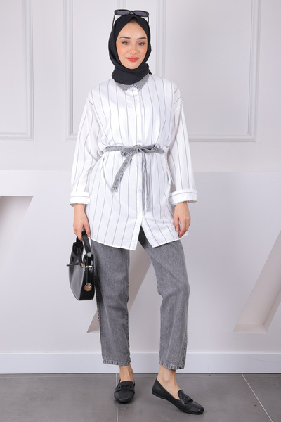 İmajButik Smoked Waist Belted Jeans Garnished Tunic Trousers Suit