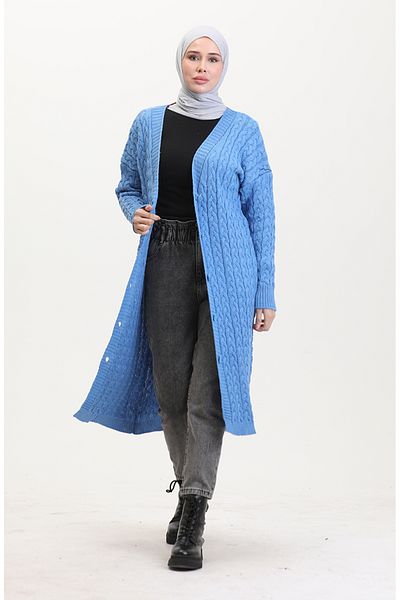 sefamerve Cardigan lung tricotat cu nasturi albastre 0377-02