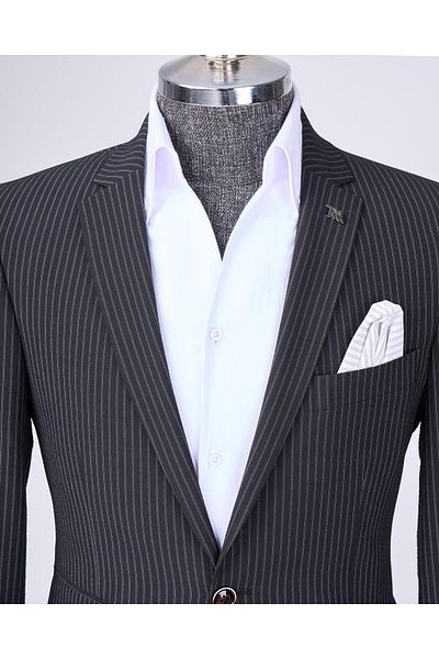 TerziAdemAltun Black Italian Style Slim Fit Striped Jacket and Tie-Up Waist Trousers Set - T11791