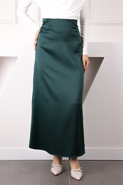 İmajButik Emerald Green Side Zipper Satin Flared Skirt