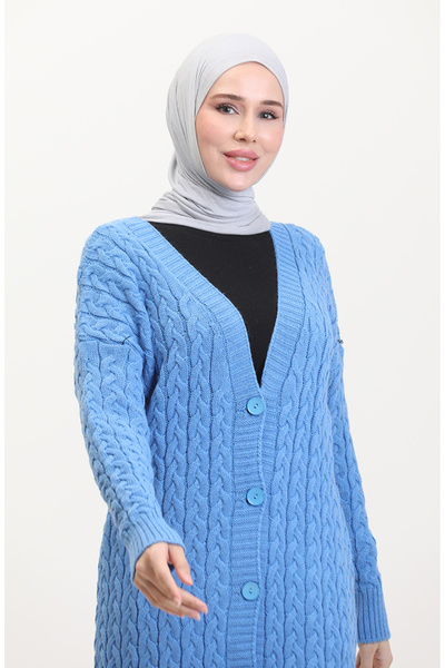 sefamerve Düğmeli Uzun Triko Hırka 0377-02 Mavi