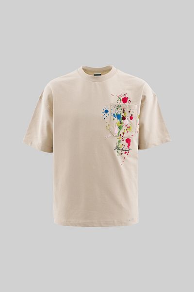 Machinist Men's Splater Look Colored Embroidered Oversize Soft Beige T-Shirt