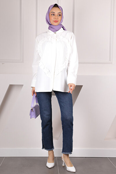 İmajButik White Front Heart Ruffle Shirt