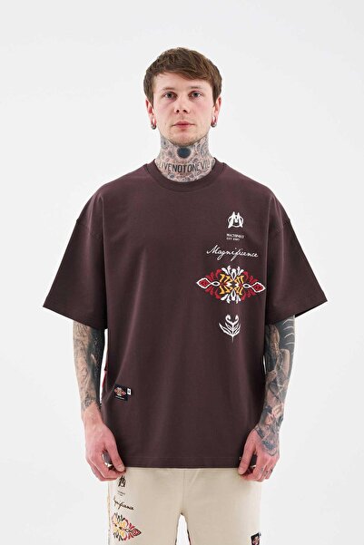 Machinist Мъжка кафява тениска с етнически щампи и бродерия