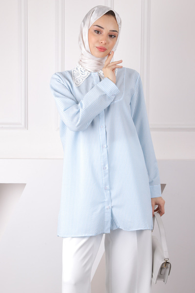 İmajButik قميص دانتيل ذو طية صدر السترة مخطط باللون الأزرق