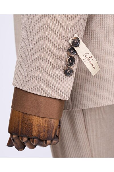 TerziAdemAltun İtalyan stil çizgili ceket yelek pantolon takım elbise bej T10733