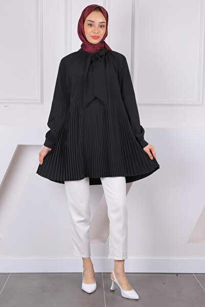 İmajButik Μαύρο πλισέ μονόχρωμο τουνίκ