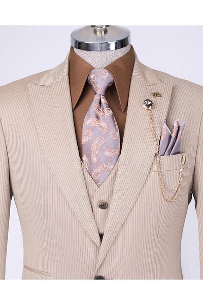 TerziAdemAltun Italian style striped jacket vest pants suit beige T10733