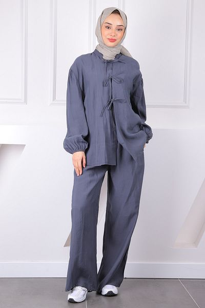İmajButik Anthracite Front Tie Kimono Pants Suit