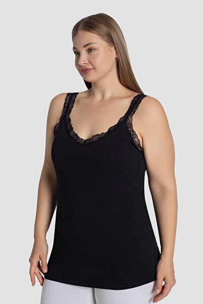 Arma Yıldız Women's Black Lace Collar Large Size Undershirt with Mantle Flexible and Comfortable