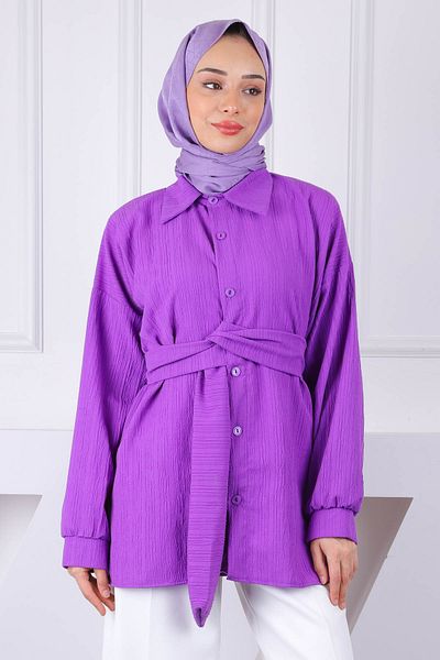 İmajButik Μωβ ζωσμένο πουκάμισο με λεπτομέρεια ζώνης
