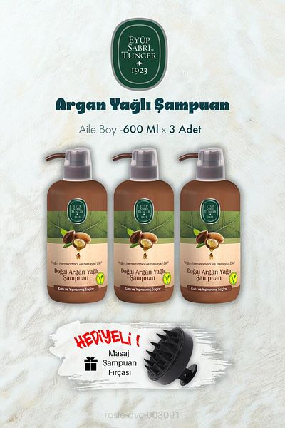 Eyüp Sabri Tuncer 3 Argan Oil Shampoo 600 ml and Shampoo Brush Gift