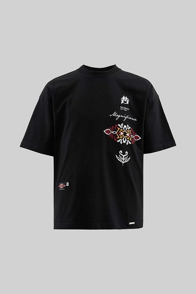 Machinist Men's Ethnical Printed And Embroidered Black T-Shirt