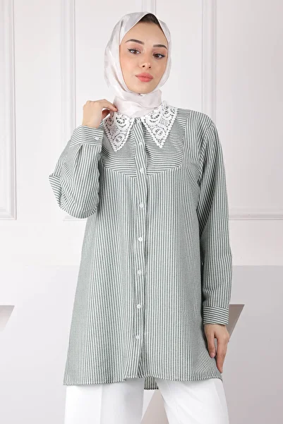 İmajButik قميص دانتيل مخطط باللون الكاكي