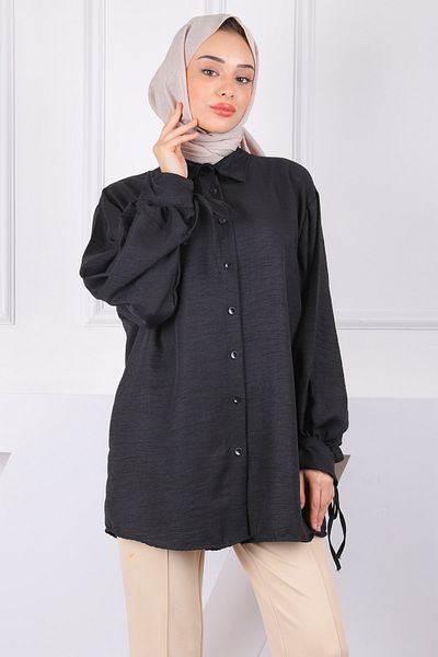 İmajButik Black Linen Tunic with Sleeve Ties