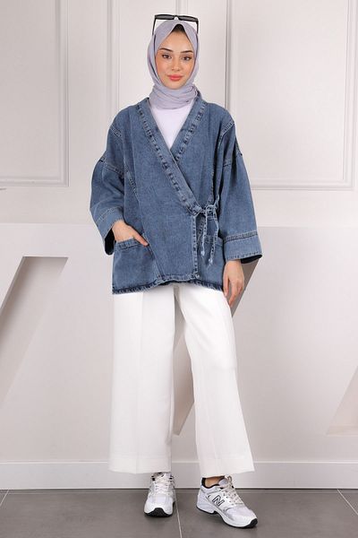 İmajButik Μπλε τζιν μπουφάν με δεμένες τσέπες